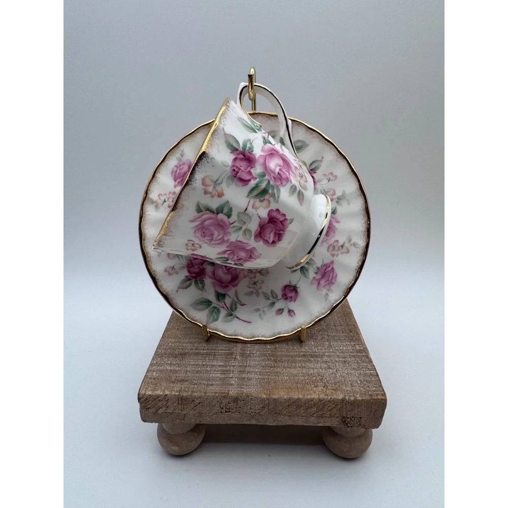 Duchess Bone China England Pink Rose Tea Cup and Saucer Set Gold Trim Vintage